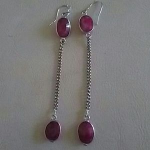 Dbl bezel set Natural Ruby drop 925 silver  earrin